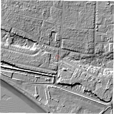 Shaded relief map of the ground around PO122PX, computed from Environment Agency LiDAR. The ground here sits at about 3 m above sea level and falls 9 m across the surrounding 800 m. Surface water reaching this point runs off ground lying to the north, 5.6 m higher.