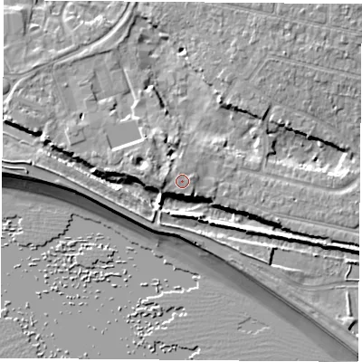 Shaded relief map of the ground around PO122QT, computed from Environment Agency LiDAR. The ground here sits at about 7 m above sea level and falls 10 m across the surrounding 800 m. Surface water reaching this point runs off ground lying to the north-north-west, 0.5 m higher.