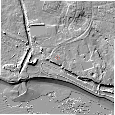 Shaded relief map of the ground around PO122QU, computed from Environment Agency LiDAR. The ground here sits at about 5 m above sea level and falls 14 m across the surrounding 800 m. Surface water reaching this point runs off ground lying to the east-north-east, 0.7 m higher.