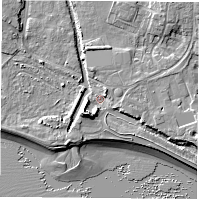Shaded relief map of the ground around PO122QX, computed from Environment Agency LiDAR. The ground here sits at about 2 m above sea level and falls 14 m across the surrounding 800 m. Surface water reaching this point runs off ground lying to the south-west, 9.8 m higher.