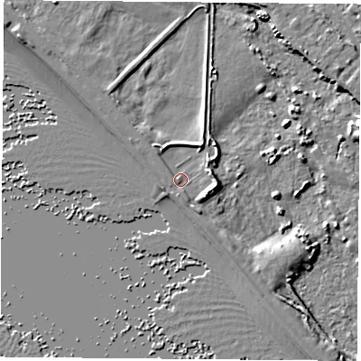 Shaded relief map of the ground around PO122TR, computed from Environment Agency LiDAR. The ground here sits at about 3 m above sea level and falls 9 m across the surrounding 800 m. Surface water reaching this point runs off ground lying to the south-south-east, 1.3 m higher.