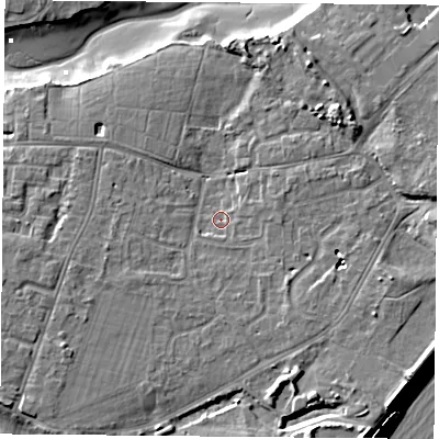 Shaded relief map of the ground around PO122UQ, computed from Environment Agency LiDAR. The ground here sits at about 3 m above sea level and falls 10 m across the surrounding 800 m. Surface water reaching this point runs off ground lying to the south-east, 2.7 m higher.