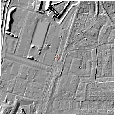 Shaded relief map of the ground around PO123EJ, computed from Environment Agency LiDAR. The ground here sits at about 7 m above sea level and falls 11 m across the surrounding 800 m. Surface water reaching this point runs off ground lying to the south-south-west, 0.7 m higher.