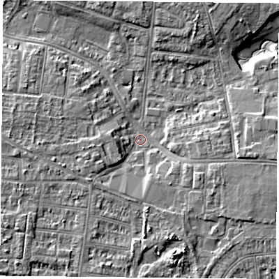 Shaded relief map of the ground around PO123HA, computed from Environment Agency LiDAR. The ground here sits at about 3 m above sea level and falls 9 m across the surrounding 800 m. Surface water reaching this point runs off ground lying to the south-south-east, 5.1 m higher.