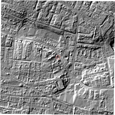Shaded relief map of the ground around PO123HB, computed from Environment Agency LiDAR. The ground here sits at about 3 m above sea level and falls 8 m across the surrounding 800 m. Surface water reaching this point runs off ground lying to the south-west, 2.7 m higher.