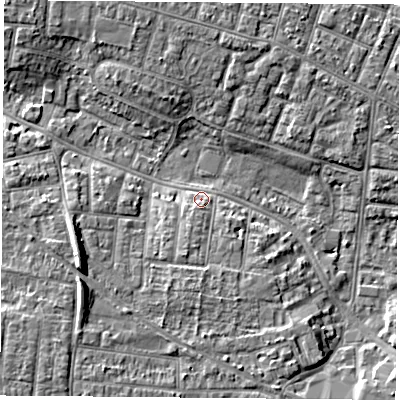 Shaded relief map of the ground around PO123HD, computed from Environment Agency LiDAR. The ground here sits at about 4 m above sea level and falls 8 m across the surrounding 800 m. Surface water reaching this point runs off ground lying to the south-south-west, 2.6 m higher.