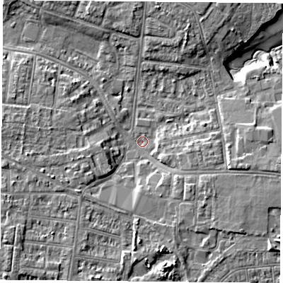 Shaded relief map of the ground around PO123HE, computed from Environment Agency LiDAR. The ground here sits at about 3 m above sea level and falls 9 m across the surrounding 800 m. Surface water reaching this point runs off ground lying to the south-east, 4.4 m higher.