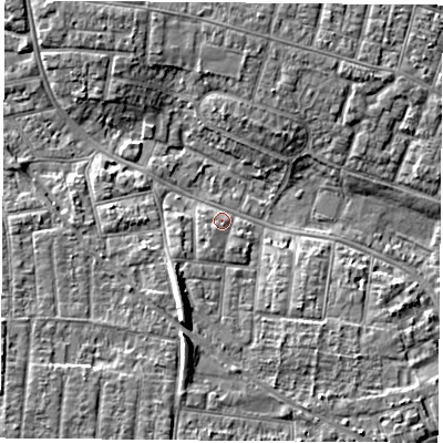 Shaded relief map of the ground around PO123HF, computed from Environment Agency LiDAR. The ground here sits at about 4 m above sea level and falls 8 m across the surrounding 800 m. Surface water reaching this point runs off ground lying to the south-south-west, 6.6 m higher.