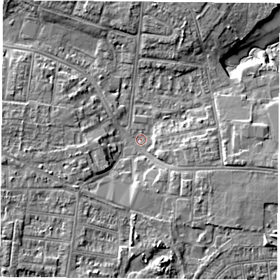 Shaded relief map of the ground around PO123HG, computed from Environment Agency LiDAR. The ground here sits at about 3 m above sea level and falls 9 m across the surrounding 800 m. Surface water reaching this point runs off ground lying to the south-east, 4.4 m higher.