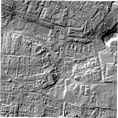 Shaded relief map of the ground around PO123HJ, computed from Environment Agency LiDAR. The ground here sits at about 3 m above sea level and falls 9 m across the surrounding 800 m. Surface water reaching this point runs off ground lying to the south-south-east, 5.5 m higher.