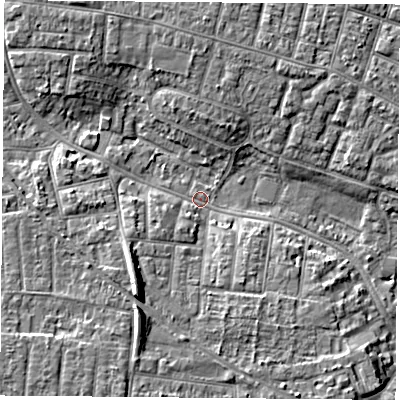 Shaded relief map of the ground around PO123HN, computed from Environment Agency LiDAR. The ground here sits at about 3 m above sea level and falls 8 m across the surrounding 800 m. Surface water reaching this point runs off ground lying to the south-west, 6.9 m higher.