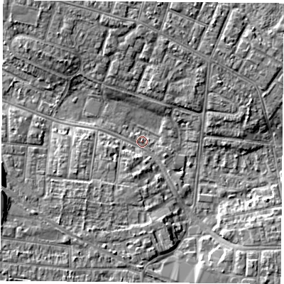 Shaded relief map of the ground around PO123HP, computed from Environment Agency LiDAR. The ground here sits at about 3 m above sea level and falls 8 m across the surrounding 800 m. Surface water reaching this point runs off ground lying to the south-south-west, 5.0 m higher.