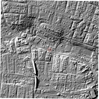 Shaded relief map of the ground around PO123HW, computed from Environment Agency LiDAR. The ground here sits at about 3 m above sea level and falls 8 m across the surrounding 800 m. Surface water reaching this point runs off ground lying to the south-south-west, 6.8 m higher.
