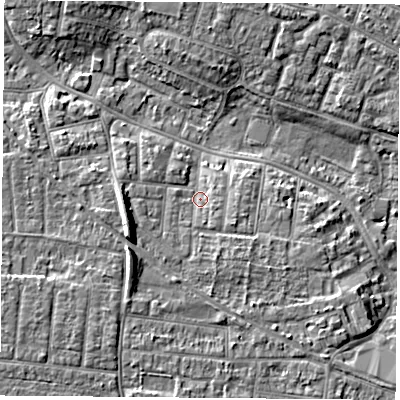 Shaded relief map of the ground around PO123JE, computed from Environment Agency LiDAR. The ground here sits at about 5 m above sea level and falls 8 m across the surrounding 800 m. Surface water reaching this point runs off ground lying to the south-south-west, 2.5 m higher.