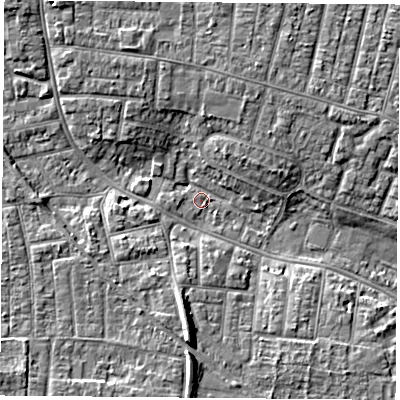Shaded relief map of the ground around PO123JN, computed from Environment Agency LiDAR. The ground here sits at about 3 m above sea level and falls 8 m across the surrounding 800 m. Surface water reaching this point runs off ground lying to the south, 7.3 m higher.