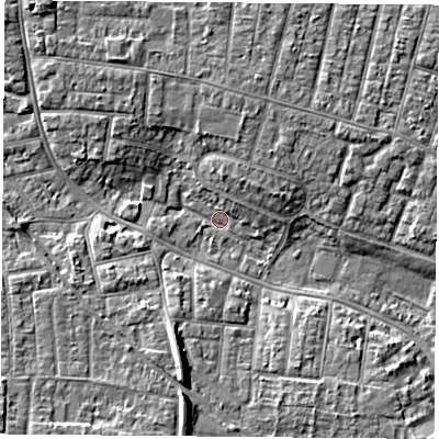 Shaded relief map of the ground around PO123JW, computed from Environment Agency LiDAR. The ground here sits at about 3 m above sea level and falls 8 m across the surrounding 800 m. Surface water reaching this point runs off ground lying to the south-south-west, 7.3 m higher.