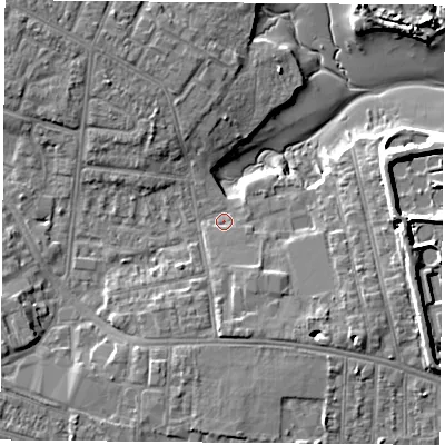 Shaded relief map of the ground around PO124DQ, computed from Environment Agency LiDAR. The ground here sits at about 3 m above sea level and falls 10 m across the surrounding 800 m. Surface water reaching this point runs off ground lying to the south-south-east, 2.8 m higher.