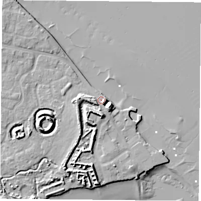 Shaded relief map of the ground around PO124FL, computed from Environment Agency LiDAR. The ground here sits at about 4 m above sea level and falls 13 m across the surrounding 800 m. Surface water reaching this point runs off ground lying to the south, 5.2 m higher.