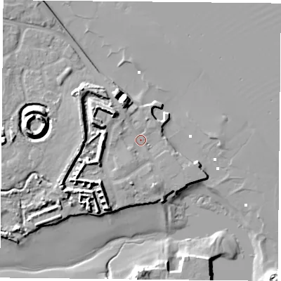 Shaded relief map of the ground around PO124LE, computed from Environment Agency LiDAR. The ground here sits at about 4 m above sea level and falls 13 m across the surrounding 800 m. Surface water reaching this point runs off ground lying to the north-west, 7.1 m higher.