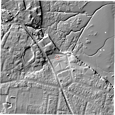 Shaded relief map of the ground around PO124LJ, computed from Environment Agency LiDAR. The ground here sits at about 4 m above sea level and falls 10 m across the surrounding 800 m. Surface water reaching this point runs off ground lying to the south-east, 5.8 m higher.