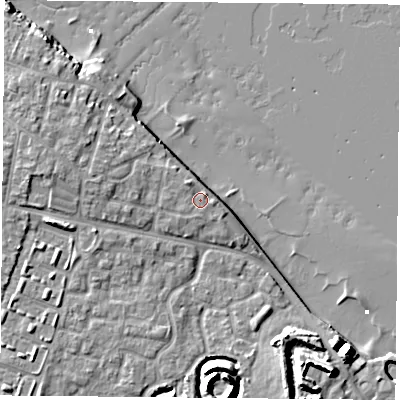 Shaded relief map of the ground around PO124LX, computed from Environment Agency LiDAR. The ground here sits at about 6 m above sea level and falls 13 m across the surrounding 800 m. Surface water reaching this point runs off ground lying to the north-west, 1.9 m higher.
