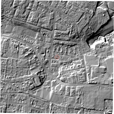 Shaded relief map of the ground around PO124QB, computed from Environment Agency LiDAR. The ground here sits at about 3 m above sea level and falls 9 m across the surrounding 800 m. Surface water reaching this point runs off ground lying to the south, 5.0 m higher.