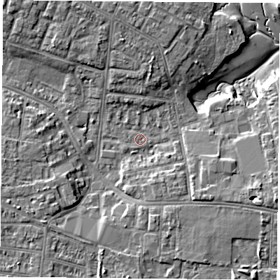 Shaded relief map of the ground around PO124QD, computed from Environment Agency LiDAR. The ground here sits at about 3 m above sea level and falls 9 m across the surrounding 800 m. Surface water reaching this point runs off ground lying to the south-south-east, 3.3 m higher.