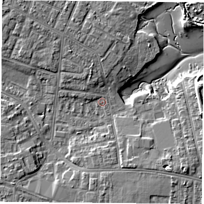 Shaded relief map of the ground around PO124QE, computed from Environment Agency LiDAR. The ground here sits at about 3 m above sea level and falls 10 m across the surrounding 800 m. Surface water reaching this point runs off ground lying to the west-north-west, 1.0 m higher.