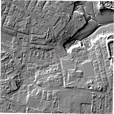 Shaded relief map of the ground around PO124QF, computed from Environment Agency LiDAR. The ground here sits at about 3 m above sea level and falls 10 m across the surrounding 800 m. Surface water reaching this point runs off ground lying to the south-east, 4.6 m higher.