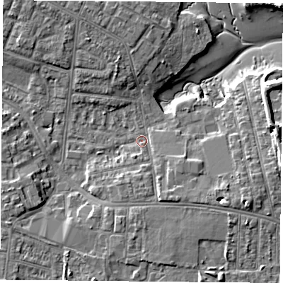 Shaded relief map of the ground around PO124QG, computed from Environment Agency LiDAR. The ground here sits at about 3 m above sea level and falls 10 m across the surrounding 800 m. Surface water reaching this point runs off ground lying to the east-south-east, 4.3 m higher.