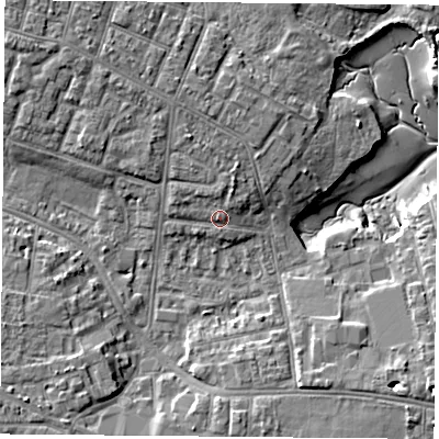 Shaded relief map of the ground around PO124QL, computed from Environment Agency LiDAR. The ground here sits at about 4 m above sea level and falls 9 m across the surrounding 800 m. Surface water reaching this point runs off ground lying to the north-north-east, 1.8 m higher.