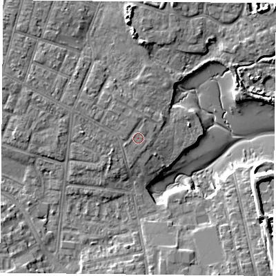 Shaded relief map of the ground around PO124QN, computed from Environment Agency LiDAR. The ground here sits at about 5 m above sea level and falls 10 m across the surrounding 800 m. Surface water reaching this point runs off ground lying to the west, 0.7 m higher.
