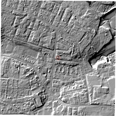 Shaded relief map of the ground around PO124RH, computed from Environment Agency LiDAR. The ground here sits at about 4 m above sea level and falls 8 m across the surrounding 800 m. Surface water reaching this point runs off ground lying to the north, 2.6 m higher.
