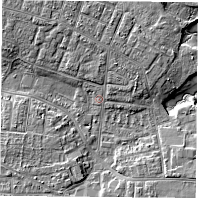 Shaded relief map of the ground around PO124RJ, computed from Environment Agency LiDAR. The ground here sits at about 4 m above sea level and falls 8 m across the surrounding 800 m. Surface water reaching this point runs off ground lying to the north-north-east, 2.4 m higher.