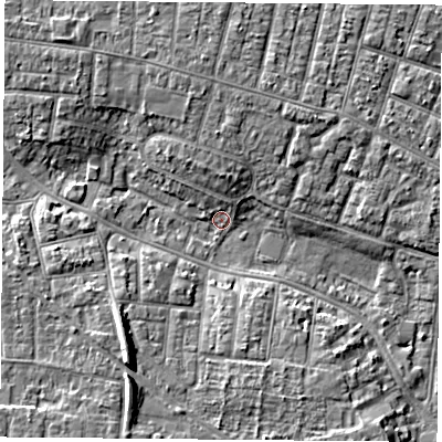 Shaded relief map of the ground around PO124SJ, computed from Environment Agency LiDAR. The ground here sits at about 3 m above sea level and falls 8 m across the surrounding 800 m. Surface water reaching this point runs off ground lying to the south-west, 7.5 m higher.