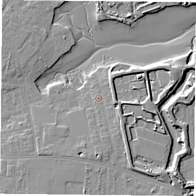 Shaded relief map of the ground around PO124UA, computed from Environment Agency LiDAR. The ground here sits at about 5 m above sea level and falls 13 m across the surrounding 800 m. Surface water reaching this point runs off ground lying to the south-east, 5.1 m higher.