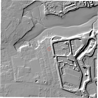 Shaded relief map of the ground around PO124UE, computed from Environment Agency LiDAR. The ground here sits at about 5 m above sea level and falls 13 m across the surrounding 800 m. Surface water reaching this point runs off ground lying to the south-south-east, 5.1 m higher.