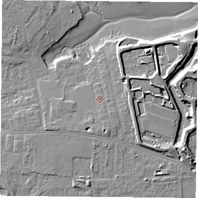 Shaded relief map of the ground around PO124UG, computed from Environment Agency LiDAR. The ground here sits at about 6 m above sea level and falls 13 m across the surrounding 800 m. Surface water reaching this point runs off ground lying to the south-south-east, 2.2 m higher.