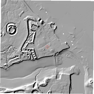 Shaded relief map of the ground around PO124WF, computed from Environment Agency LiDAR. The ground here sits at about 4 m above sea level and falls 13 m across the surrounding 800 m. Surface water reaching this point runs off ground lying to the west-north-west, 1.0 m higher.