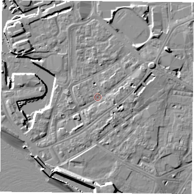 Shaded relief map of the ground around PO12EZ, computed from Environment Agency LiDAR. The ground here sits at about 4 m above sea level and falls 12 m across the surrounding 800 m. Surface water reaching this point runs off ground lying to the east-north-east, 2.4 m higher.