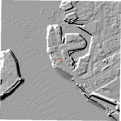 Shaded relief map of the ground around PO12FS, computed from Environment Agency LiDAR. The ground here sits at about 3 m above sea level and falls 11 m across the surrounding 800 m. Surface water reaching this point runs off ground lying to the south-south-east, 1.3 m higher.