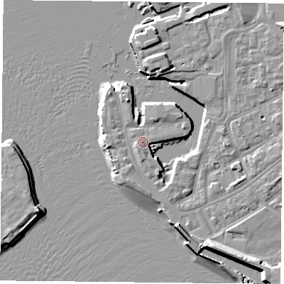 Shaded relief map of the ground around PO12GD, computed from Environment Agency LiDAR. The ground here sits at about 3 m above sea level and falls 11 m across the surrounding 800 m. Surface water reaching this point runs off ground lying to the south-south-west, 5.4 m higher.