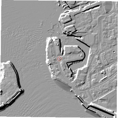 Shaded relief map of the ground around PO12GL, computed from Environment Agency LiDAR. The ground here sits at about 3 m above sea level and falls 11 m across the surrounding 800 m. Surface water reaching this point runs off ground lying to the north, 2.6 m higher.