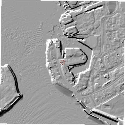 Shaded relief map of the ground around PO12GR, computed from Environment Agency LiDAR. The ground here sits at about 3 m above sea level and falls 11 m across the surrounding 800 m. Surface water reaching this point runs off ground lying to the north-north-west, 2.6 m higher.