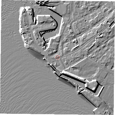 Shaded relief map of the ground around PO12HH, computed from Environment Agency LiDAR. The ground here sits at about 3 m above sea level and falls 12 m across the surrounding 800 m. Surface water reaching this point runs off ground lying to the south-east, 7.1 m higher.