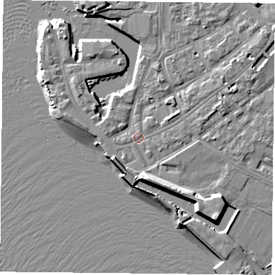 Shaded relief map of the ground around PO12HN, computed from Environment Agency LiDAR. The ground here sits at about 3 m above sea level and falls 12 m across the surrounding 800 m. Surface water reaching this point runs off ground lying to the south-east, 6.9 m higher.