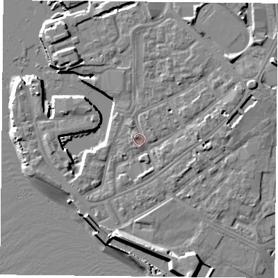 Shaded relief map of the ground around PO12HT, computed from Environment Agency LiDAR. The ground here sits at about 4 m above sea level and falls 12 m across the surrounding 800 m. Surface water reaching this point runs off ground lying to the west, 1.1 m higher.