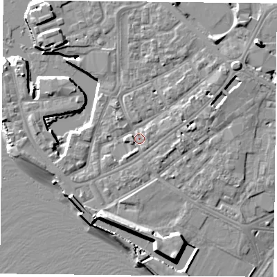 Shaded relief map of the ground around PO12HX, computed from Environment Agency LiDAR. The ground here sits at about 4 m above sea level and falls 12 m across the surrounding 800 m. Surface water reaching this point runs off ground lying to the north-east, 2.6 m higher.