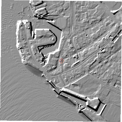 Shaded relief map of the ground around PO12HZ, computed from Environment Agency LiDAR. The ground here sits at about 3 m above sea level and falls 12 m across the surrounding 800 m. Surface water reaching this point runs off ground lying to the south-east, 7.2 m higher.