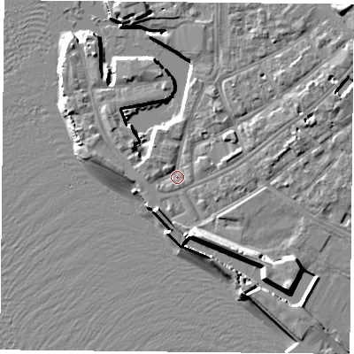 Shaded relief map of the ground around PO12JA, computed from Environment Agency LiDAR. The ground here sits at about 3 m above sea level and falls 12 m across the surrounding 800 m. Surface water reaching this point runs off ground lying to the south-east, 7.2 m higher.